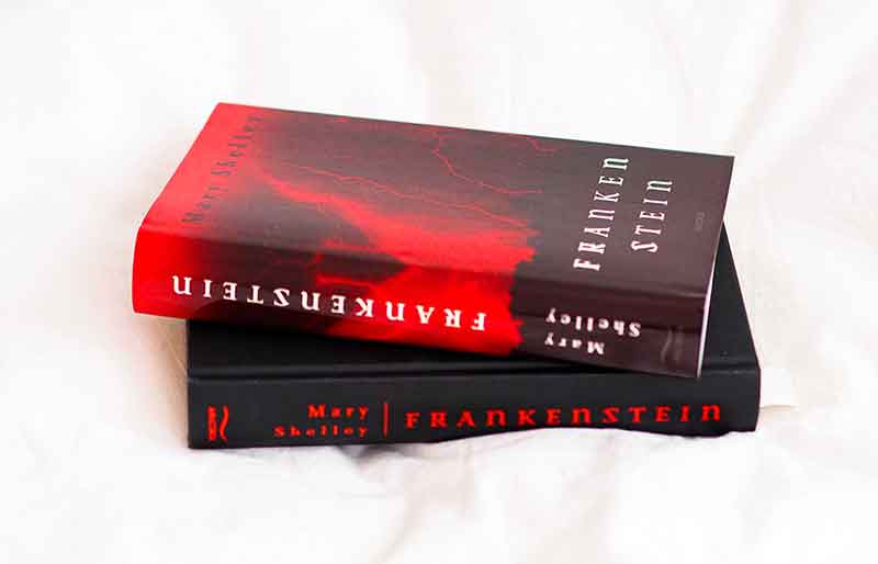 Copy of Frankenstein, red cover design with lightning.